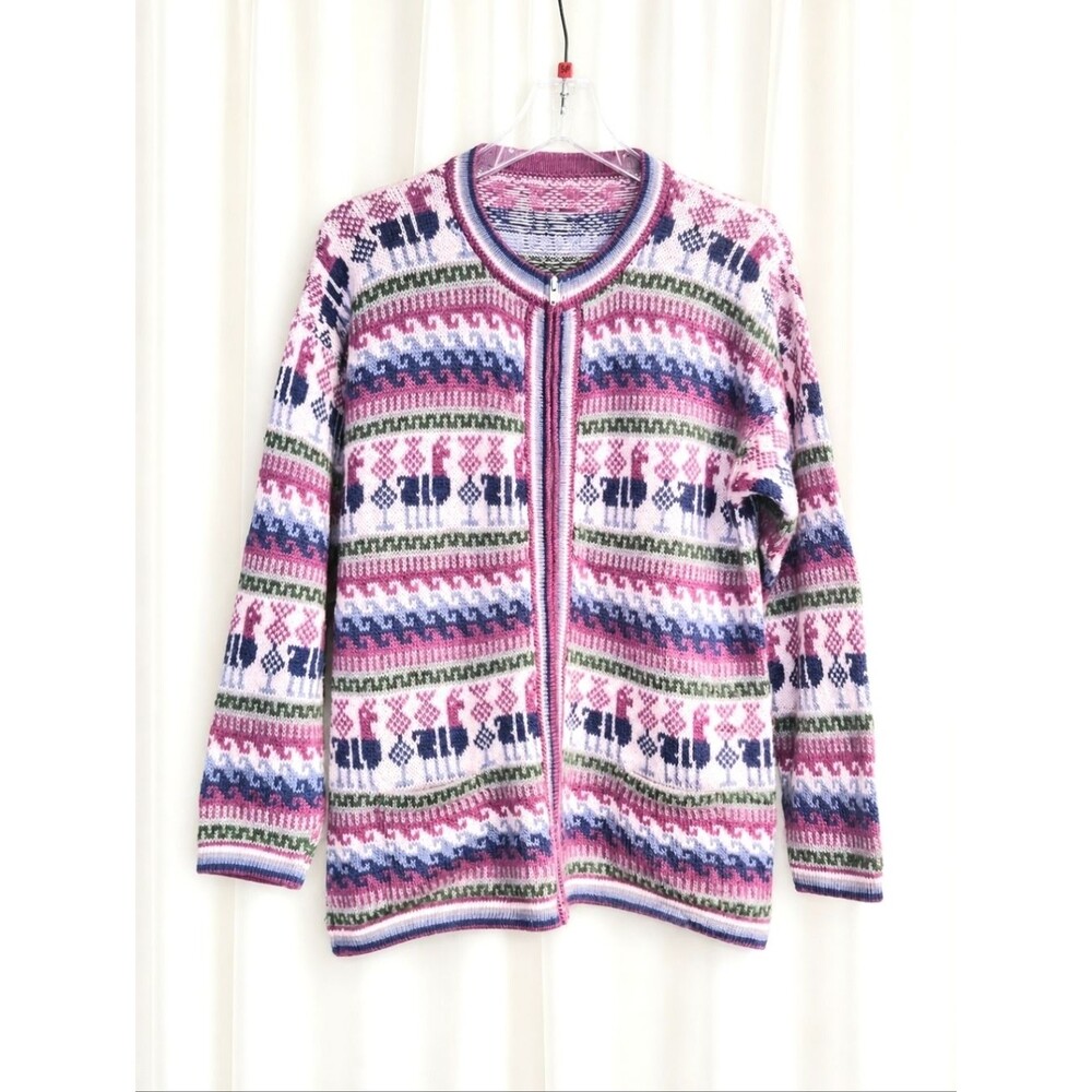 Vintage Alpaca Llama Fair Isle Nordic Zip Cardigan Pastel Andean Knit Sweater
